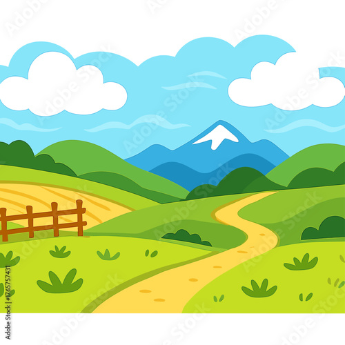 Bright green rolling hills and fields with a winding path toward a distant snow-capped mountain
