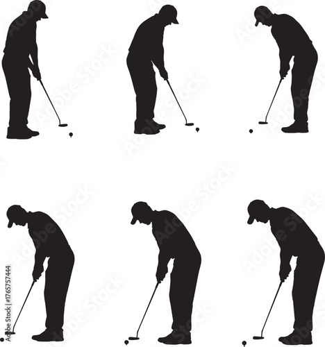 Silhouette of a golfer in six different poses demonstrating the golf swing sequence from address to follow through