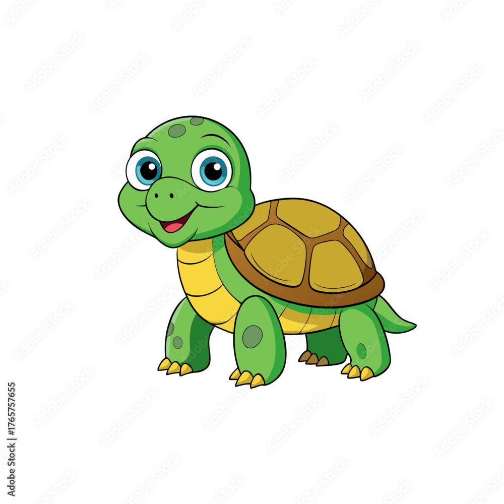 Fototapeta premium Adorable cartoon baby turtle with big blue eyes and a friendly smile on a black background