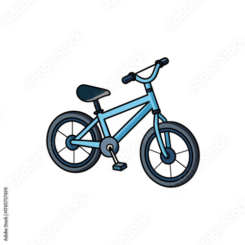 A simple cartoon illustration of a blue bicycle with white accents on a black background