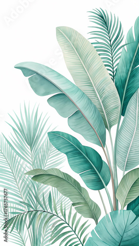 Elegant banana leaves in sage, emerald, and mint tones with turquoise palm fronds on a white background, creating a fresh, serene, and modern botanical composition
