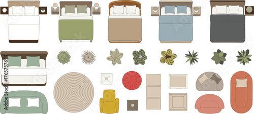 Top view of bedroom furniture and decor, beds, sofas, plants, and rugs, modern home interior layout, cozy design elements, architectural floor plan illustration