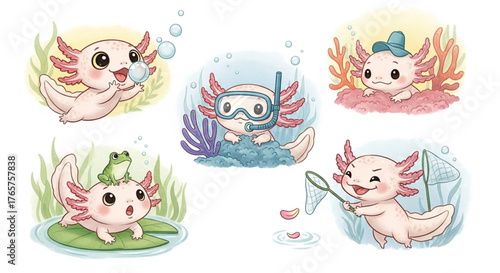 Cute Axolotl Character Illustrations – Playful Activities & Expressions Set