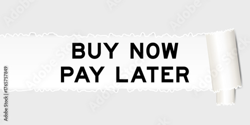 Ripped gray paper background that have word buy now pay later under torn part