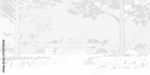 Serene minimalist park scene with stone steps and trees in a grayscale artistic rendering