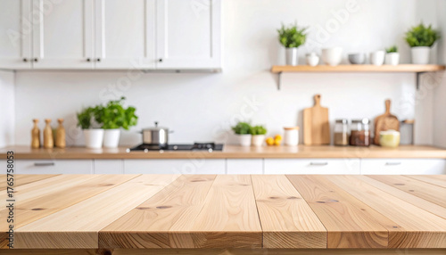 Wooden table on blurred kitchen bench background. Empty wooden table and blurred kitchen background