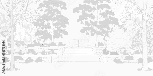 Serene stone staircase surrounded by lush trees and foliage in a minimalist sketch style