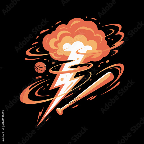 Stylized illustration of a baseball bat, basketball, lightning bolt, and cloud explosion with swirling orange energy trails on a black background.