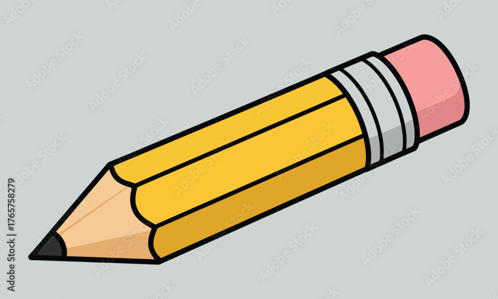 Obraz premium Cartoon Yellow Pencil Illustration – Stylized Drawing with Pink Eraser, Silver Ferrule, and Graphite Tip for Educational, Artistic, or Stationery Design Assets
