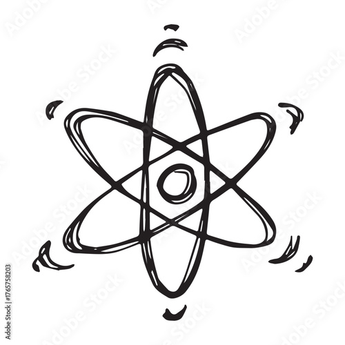 Hand drawn atom sign Molecule clipart in doodle style Single element for print, web, design, decor Symbol of science, education, nuclear energy, scientific research, molecular chemistry
