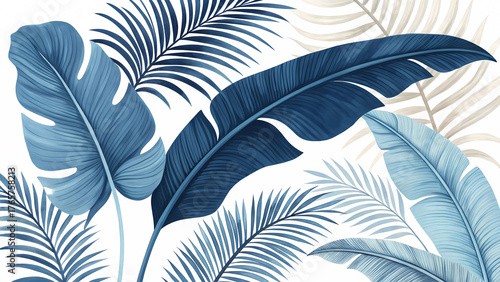 Elegant composition of banana leaves and palm fronds in deep indigo and icy blue tones on a white background, creating a refined, cool, and tropical aesthetic
