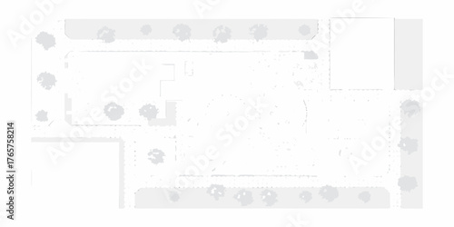 Top down view of a simplified architectural site plan with trees and building outlines