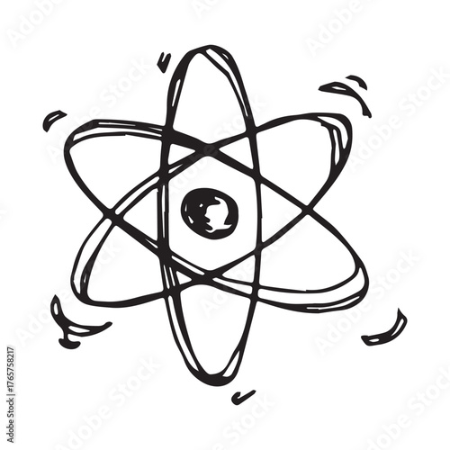 Hand drawn atom sign Molecule clipart in doodle style Single element for print, web, design, decor Symbol of science, education, nuclear energy, scientific research, molecular chemistry