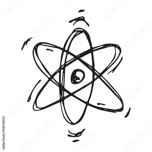 Hand drawn atom sign Molecule clipart in doodle style Single element for print, web, design, decor Symbol of science, education, nuclear energy, scientific research, molecular chemistry