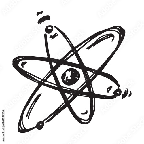 Hand drawn atom sign Molecule clipart in doodle style Single element for print, web, design, decor Symbol of science, education, nuclear energy, scientific research, molecular chemistry