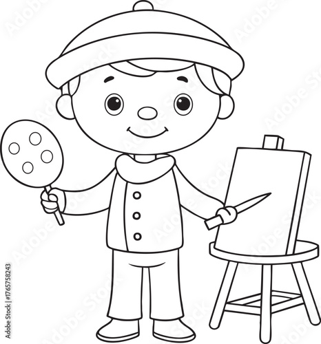 Happy young painter with canvas illustration for kids creative art and learning projects