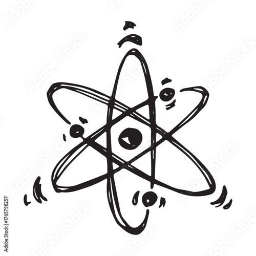 Hand drawn atom sign Molecule clipart in doodle style Single element for print, web, design, decor Symbol of science, education, nuclear energy, scientific research, molecular chemistry
