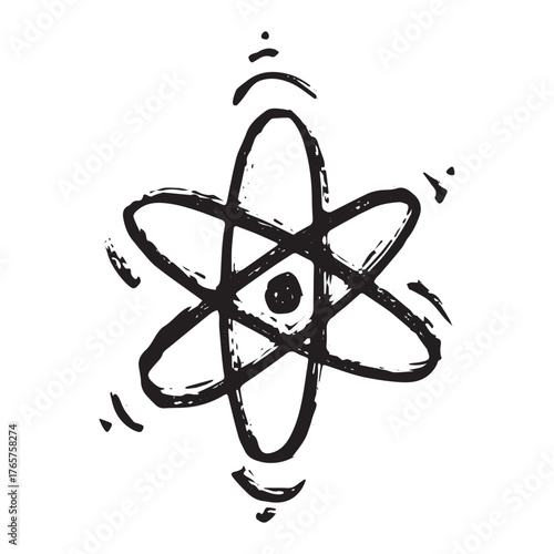 Hand drawn atom sign Molecule clipart in doodle style Single element for print, web, design, decor Symbol of science, education, nuclear energy, scientific research, molecular chemistry