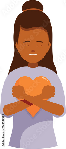 Smiling girl embracing an orange heart, representing self love, care, and emotional well being