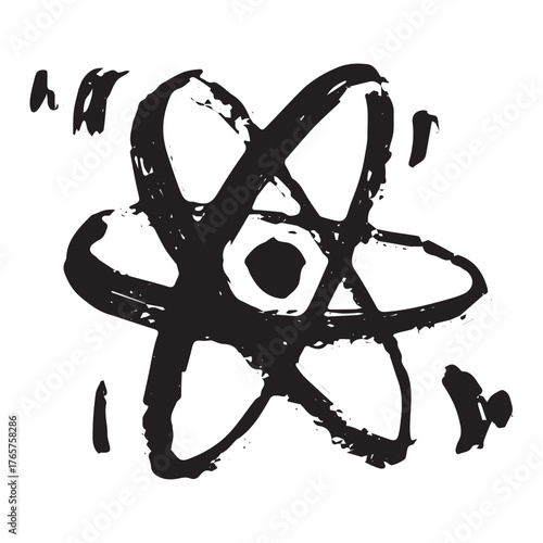 Hand drawn atom sign Molecule clipart in doodle style Single element for print, web, design, decor Symbol of science, education, nuclear energy, scientific research, molecular chemistry