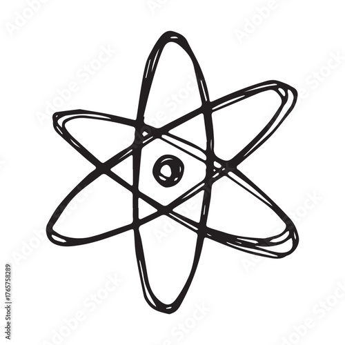 Hand drawn atom sign Molecule clipart in doodle style Single element for print, web, design, decor Symbol of science, education, nuclear energy, scientific research, molecular chemistry