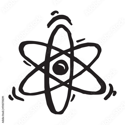 Hand drawn atom sign Molecule clipart in doodle style Single element for print, web, design, decor Symbol of science, education, nuclear energy, scientific research, molecular chemistry