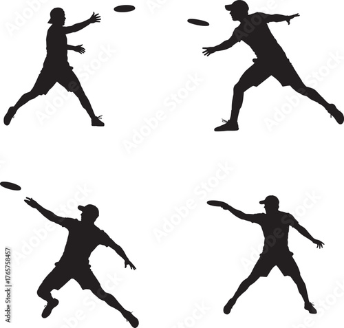 Silhouettes of athletes playing ultimate frisbee in various throwing and catching poses