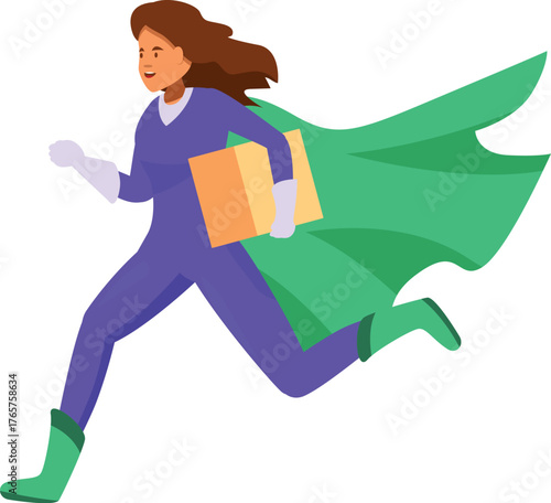 Courier wearing superhero cape running and delivering package, representing fast delivery service for ecommerce business