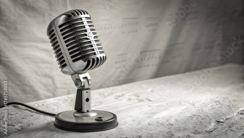 A detailed grayscale illustration of a vintage microphone—classic 1940s–1950s broadcast style with a ribbed metal grille