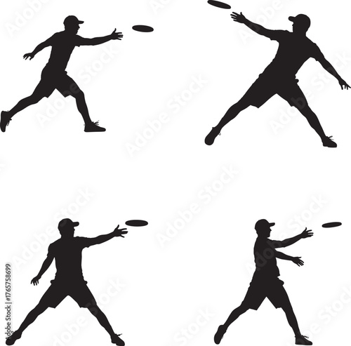 Dynamic silhouettes of athletes playing ultimate frisbee in various action poses