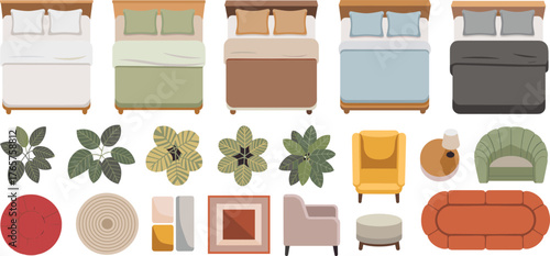 Top view of bedroom furniture set, beds, sofas, plants, and decor items, modern home interior layout, architectural plan, cozy living space design illustration