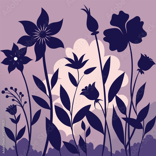 Silhouette of various flowers against a purple and lavender background