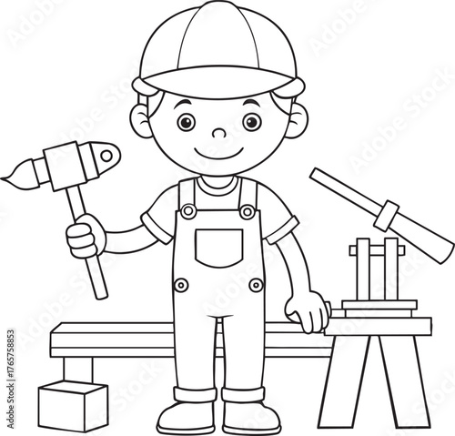 Friendly cartoon builder illustration with hammer and tools ready for creative construction projects