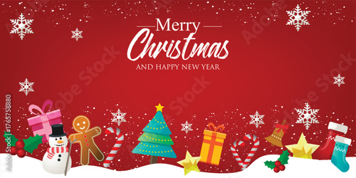 Christmas banner with Background and christmas decorates. Text Merry Christmas and happy New Year.