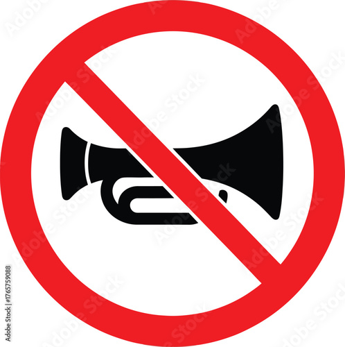 “No Honking” Sign Illustration – Black Horn Silhouette with Red Prohibition Symbol for Noise Control in Hospitals, Schools, or Residential Safety Zones