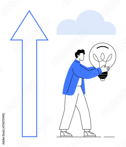 Person holding a light bulb next to an upward arrow and cloud, representing innovation, progress, and aspirations. Ideal for growth, creativity, leadership, education, teamwork motivation ideas