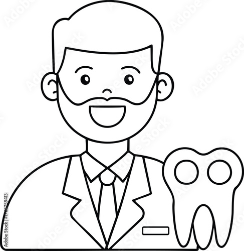Friendly dentist character holding tooth illustration promoting healthy smile and dental care