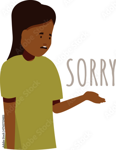 Sad woman showing sorry sign with hand gesture and facial expression, asking for forgiveness