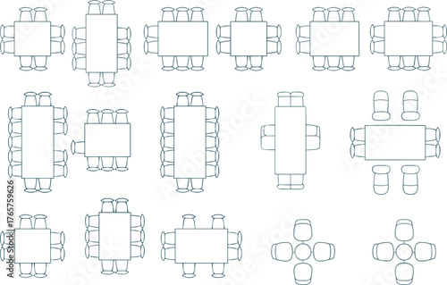 Top view of meeting tables and chairs, office furniture layout, conference room setup, workspace planning, architectural floor plan, modern interior design concept illustration