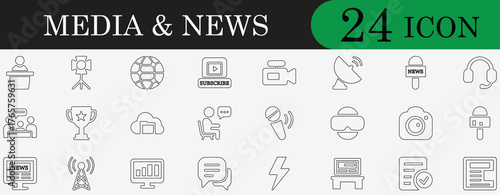 Media and news icon set with microphone, camera, satellite, blog, journalism, and communication symbols. Perfect for press, broadcast, and digital design