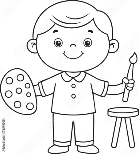 Joyful young painter with palette coloring page for kids drawing and art learning activities