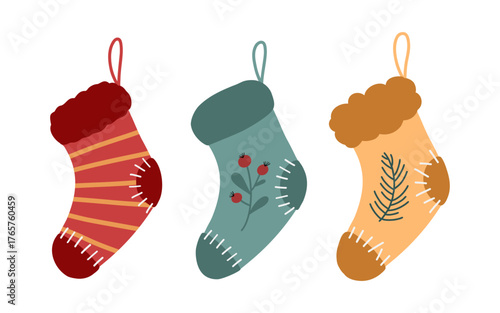 Hand drawn Christmas stockings clipart set in cozy festive colors. Perfect for holiday cards, winter designs, decor, and cute seasonal illustrations.