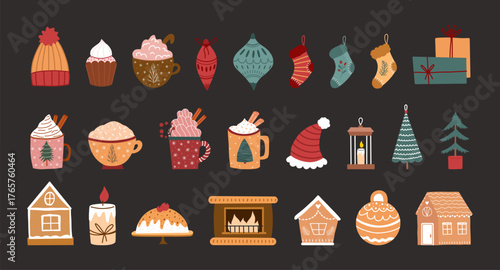 Hand drawn cozy Christmas clipart set with gifts, socks, mugs, candles, and gingerbread houses. Perfect for winter cards, stickers, prints, and festive designs.