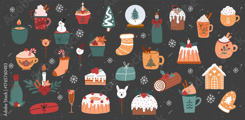 Merry Christmas set with cute elements for design. Christmas tree, santa, gingerbread, candle, snow ball. For cards, banners, website, icons, fabrics