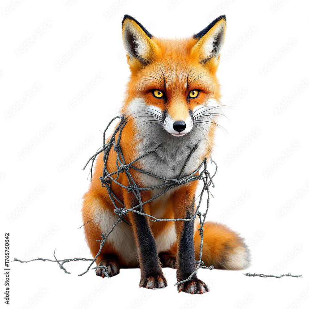 Fototapeta premium Red Fox Entangled in Barbed Wire – Symbol of Wildlife Struggle and Conservation Awareness – White Background