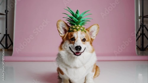 Funny Corgi Dog Wearing Pineapple Hat in Studio with Pink Backdrop