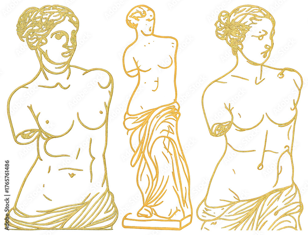 Fototapeta premium Classical sculptures in gold outline