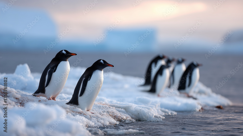 Fototapeta premium Gentoo penguins gathered on the shore of the Southern Ocean, surrounded by snow patches and distant icebergs under soft evening light. Antarctica, penguin colony, wild animals, coa