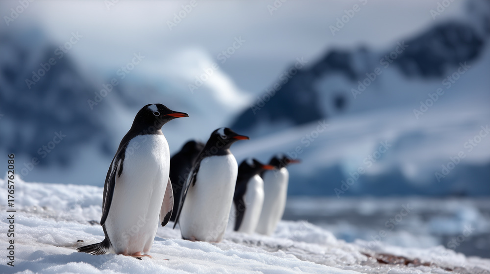 Obraz premium Group of gentoo penguins standing on snowy Antarctic terrain with icy mountains and glaciers in the background. Gentoo penguins, Antarctica, wildlife, polar nature, penguin colony,