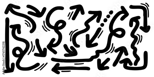 black hand-drawn scribble arrow set: dynamic doodle lines, swirls, and direction pointers